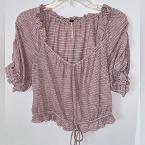 Free People Dorothy Fawn Pink stripe ruched sleeve, neckline crop top size Small